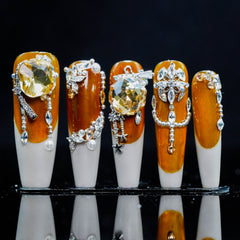 Amber - Crystal Opulence Press - On Nails: Discover Trendy High - End Luxury Fake Nails with Exquisite Amber - Crystal Design for Supreme Opulence