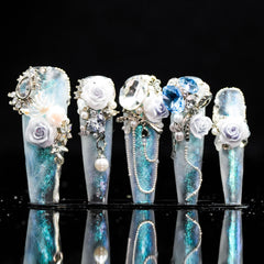 Baroque Princess Blue & White Nail Art: Handmade Luxury Nails | 3-4 Hour Artisan Craft