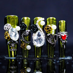 Olive - Crystal Rose Opulence Press - On Nails: Discover Trendy High - End Luxury Fake Nails with Crystal - Rose Design in Olive Hue