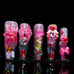 Pink Blossom Luxury Liquid Motion Nails – Handcrafted Floral & Glitter Design