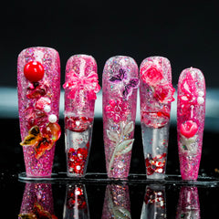 Pink Blossom Luxury Liquid Motion Nails – Handcrafted Floral & Glitter Design